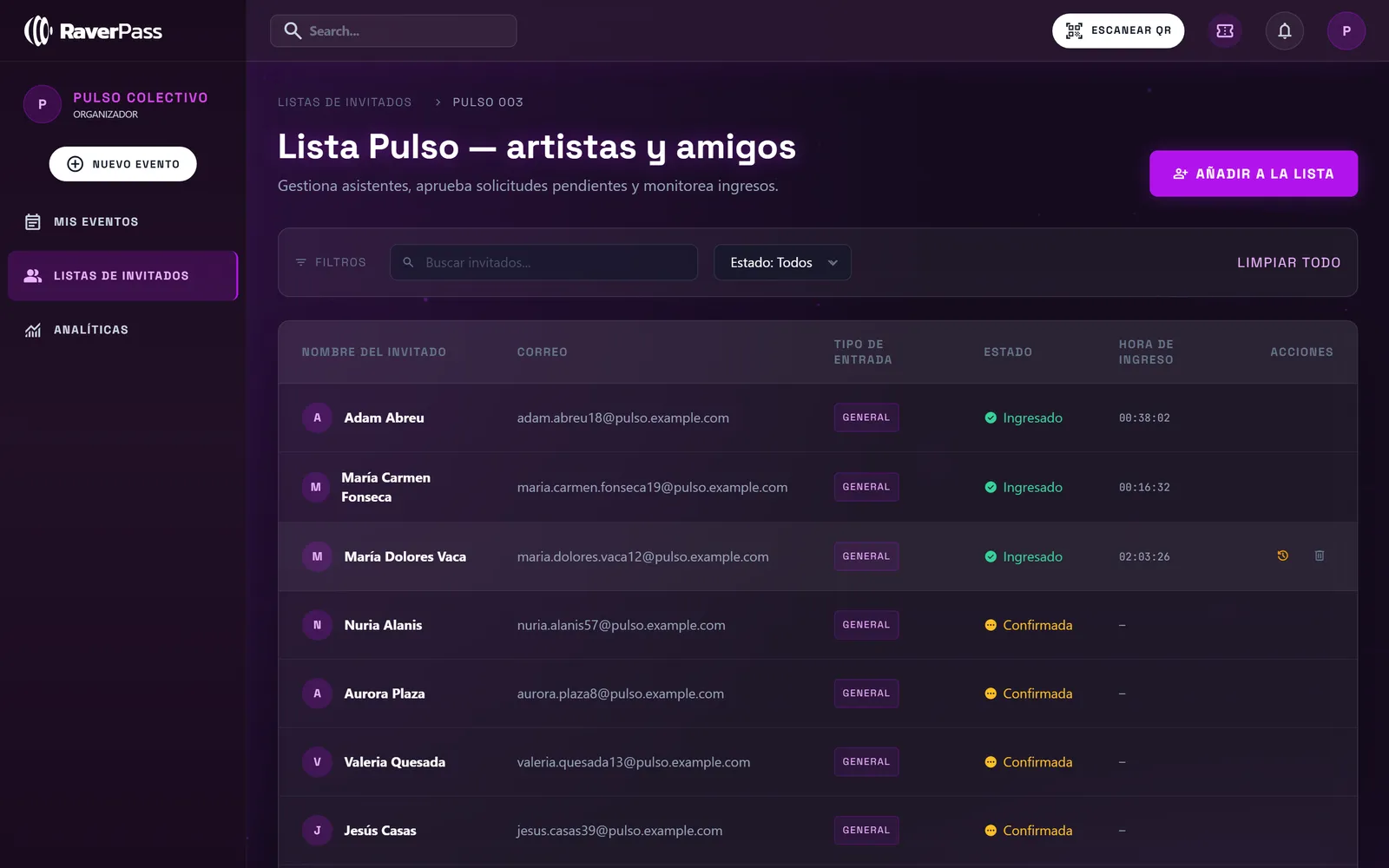 Guestlist de un evento con invitados ingresados y confirmados, y su hora de ingreso.