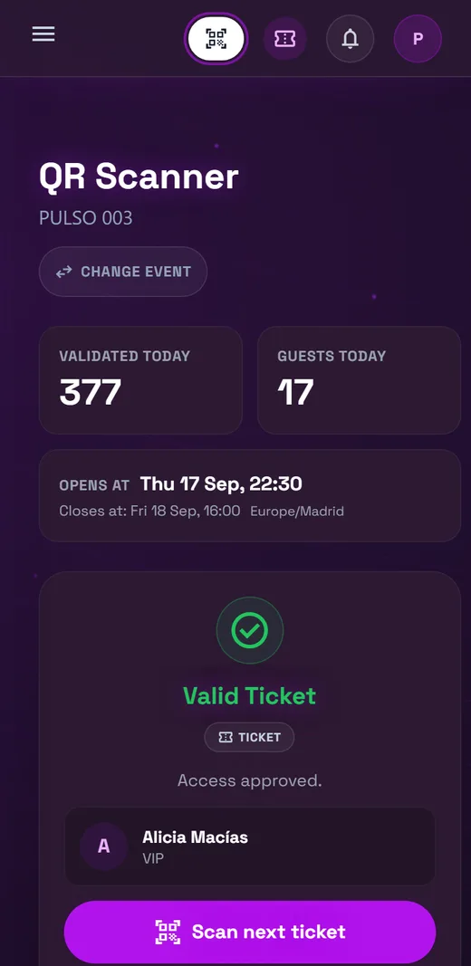 Door scanner on a phone validating a VIP ticket.