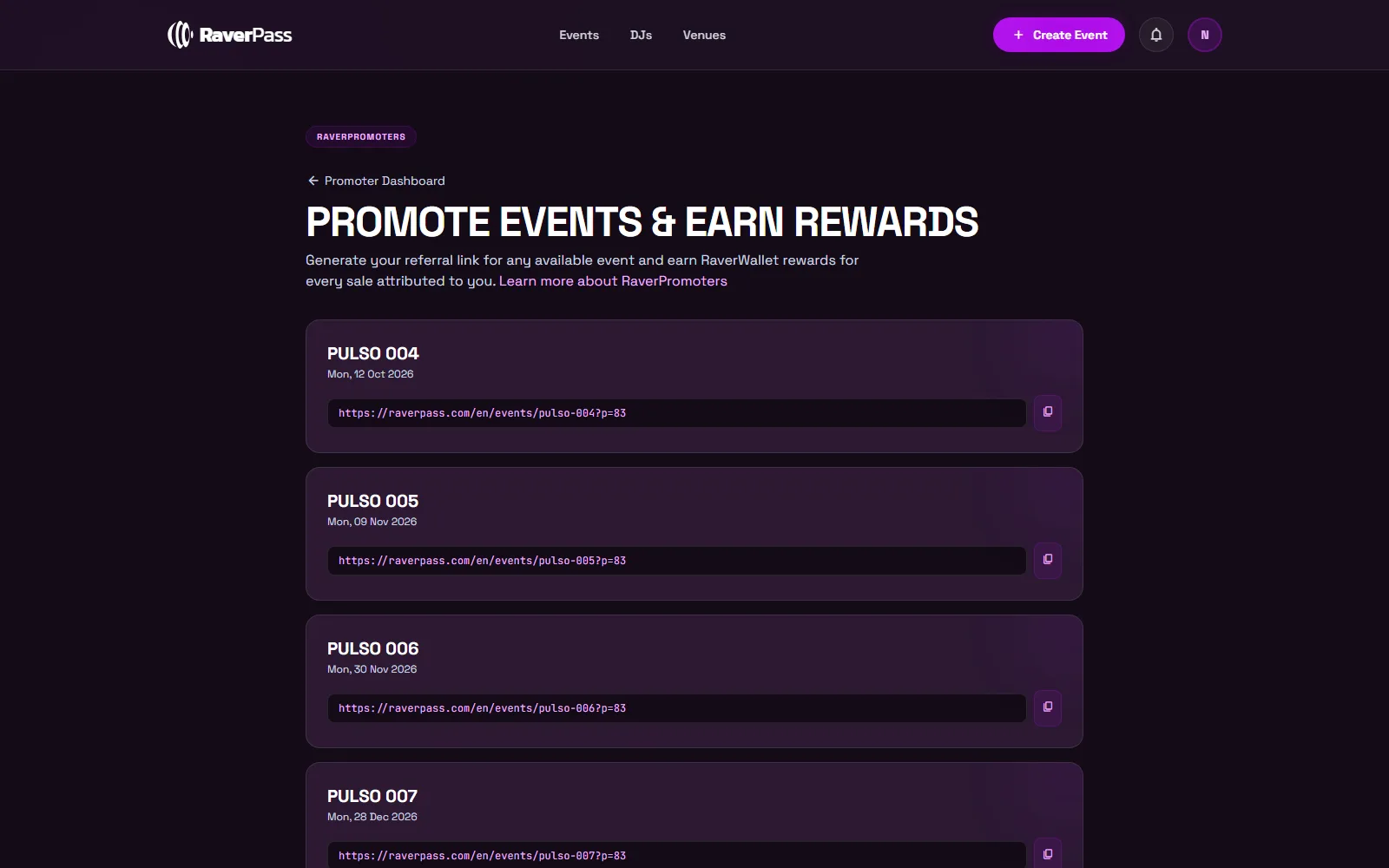 The promoter panel listing the events open to promoters, each with a button to generate a link.
