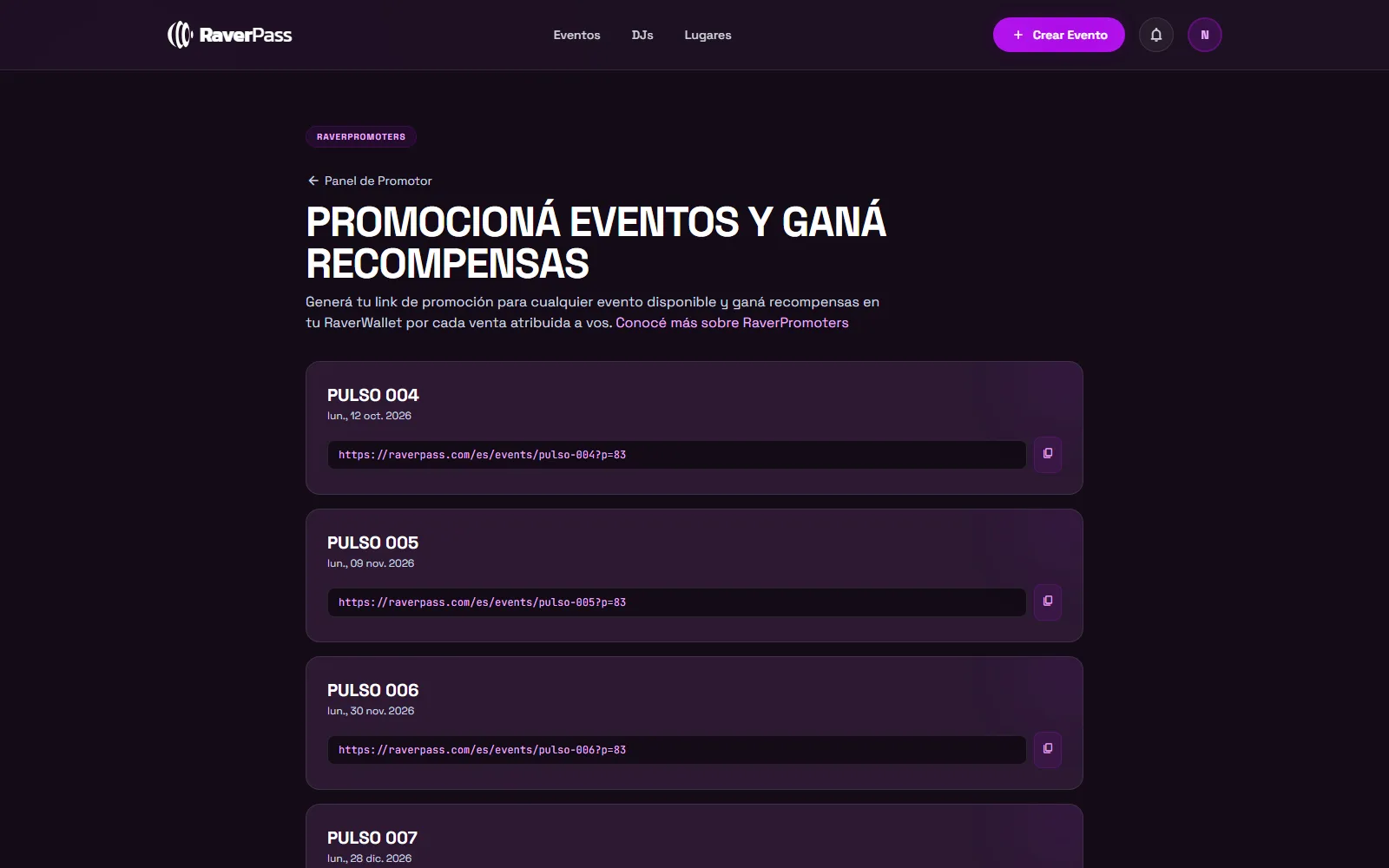 El panel de promotor con los eventos abiertos a promotores y el botón para generar el link de cada uno.