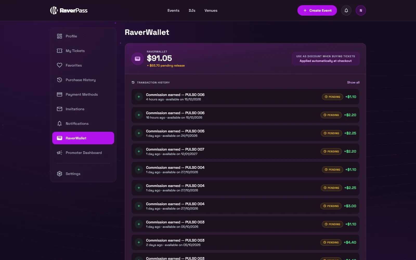 The RaverWallet tab: available balance, pending commissions and the latest movements.
