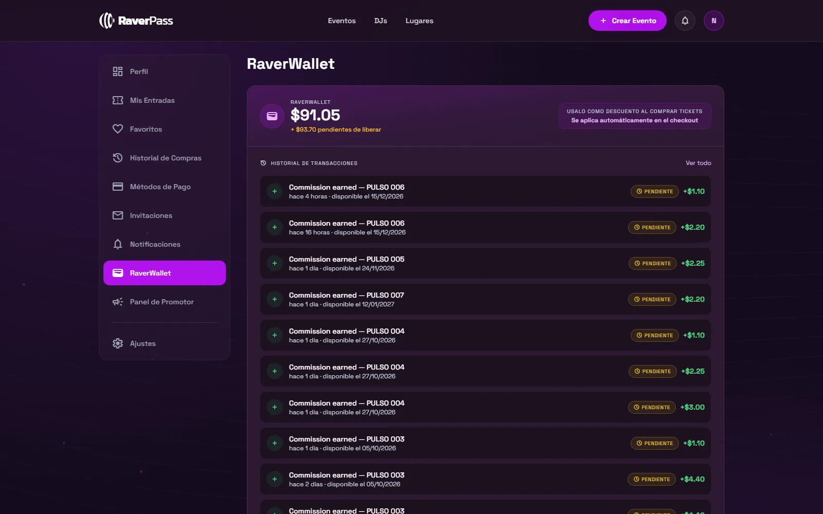 La pestaña de RaverWallet: saldo disponible, comisiones pendientes y los últimos movimientos.